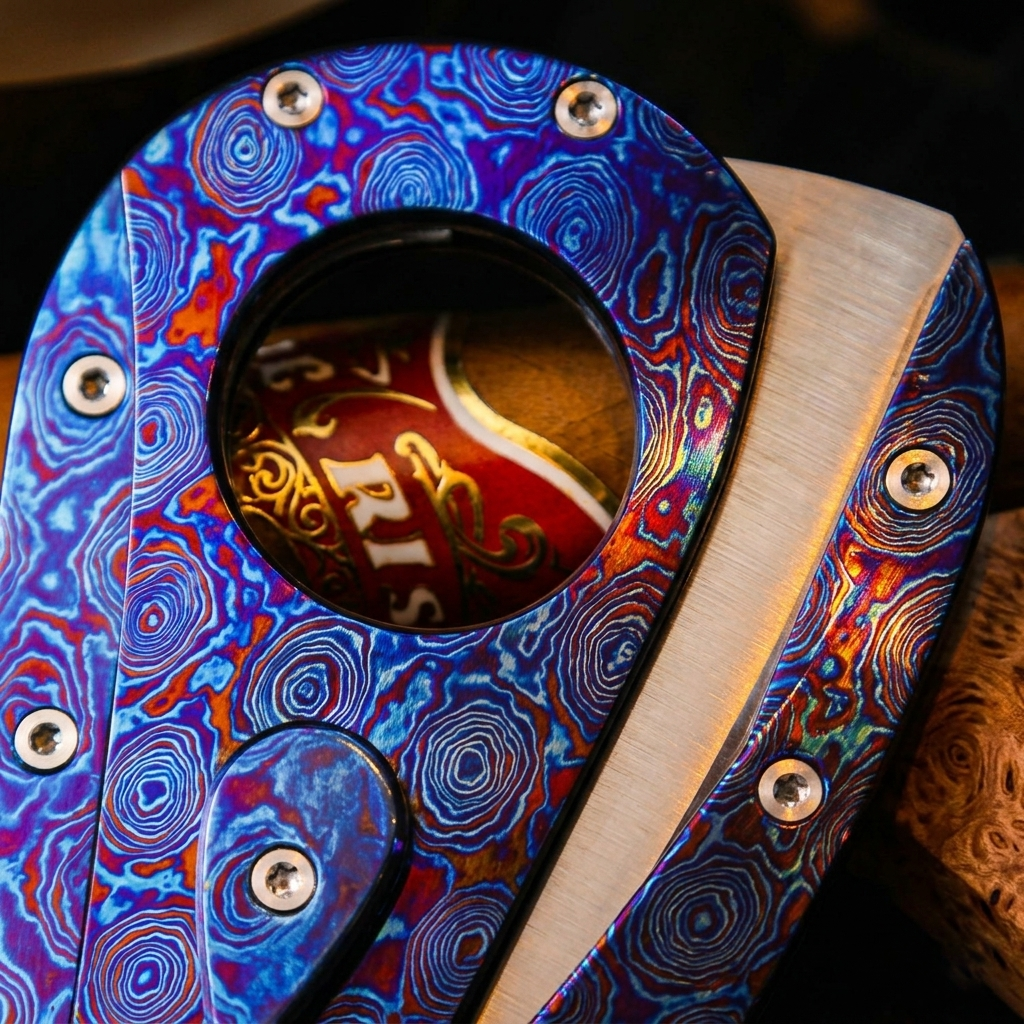 Hand-Forged:Premium Timascus Guitar Cigar Cutter with M390 Super Steel Dual Shears