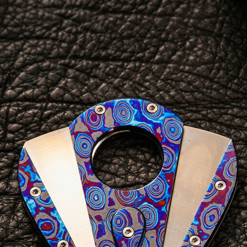 Hand-Forged:Premium Timascus Guitar Cigar Cutter with M390 Super Steel Dual Shears