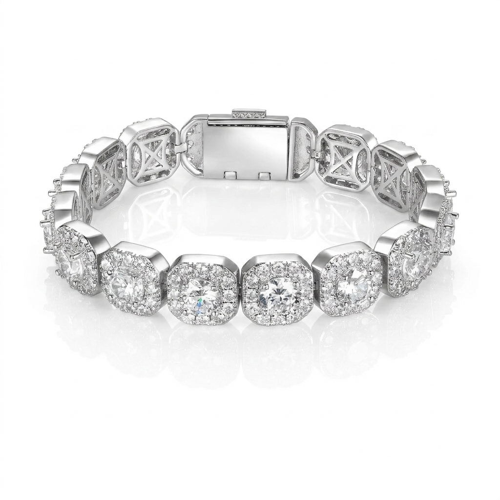 18K White Gold Plated 12mm Zircon Square Sugar Cuban Flip Cover Chains Bracelet