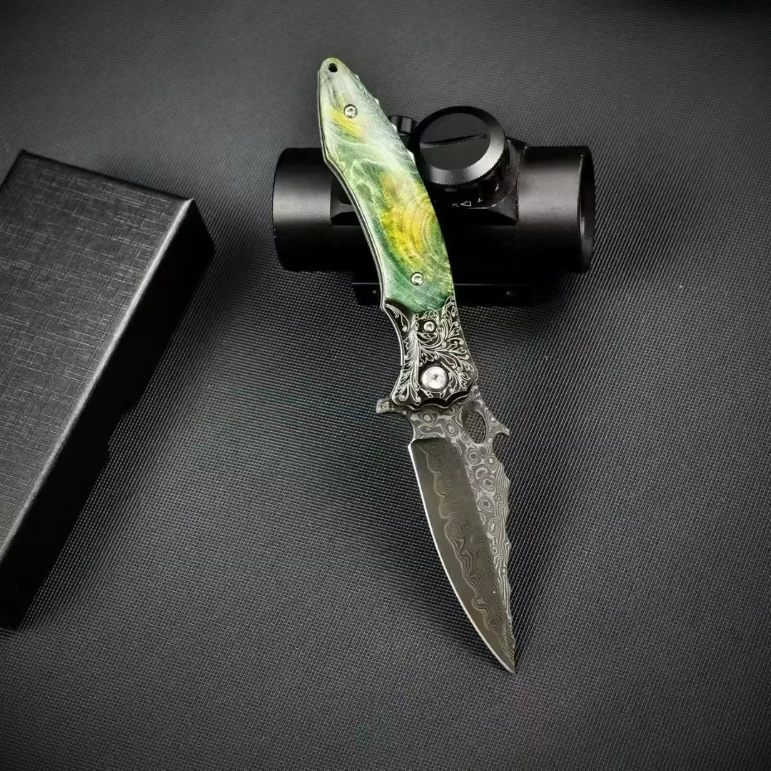 The Mist:VG10 Damascus Steel Stabilized Wood EDC Folding Knife