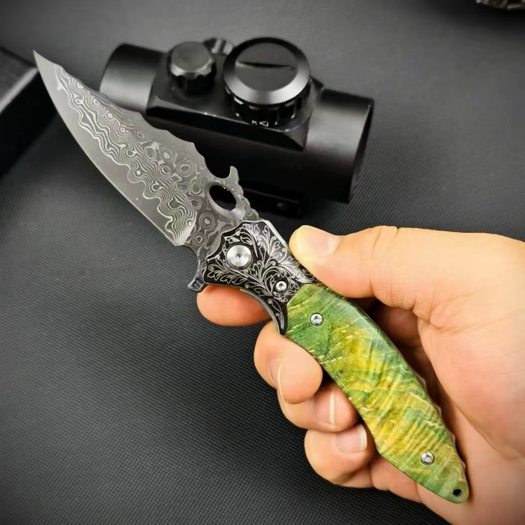 The Mist:VG10 Damascus Steel Stabilized Wood EDC Folding Knife