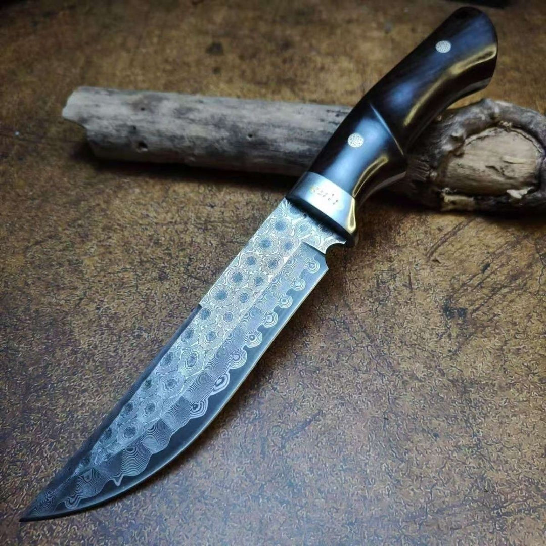 Evening Breeze, Damascus Steel tactical straight knife with ergonomic ebony handle