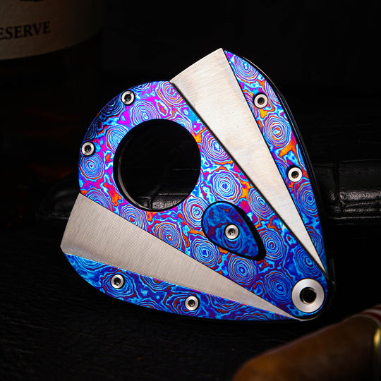 Hand-Forged:Premium Timascus Guitar Cigar Cutter with M390 Super Steel Dual Shears