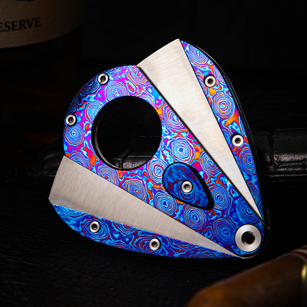 Hand-Forged:Premium Timascus Guitar Cigar Cutter with M390 Super Steel Dual Shears