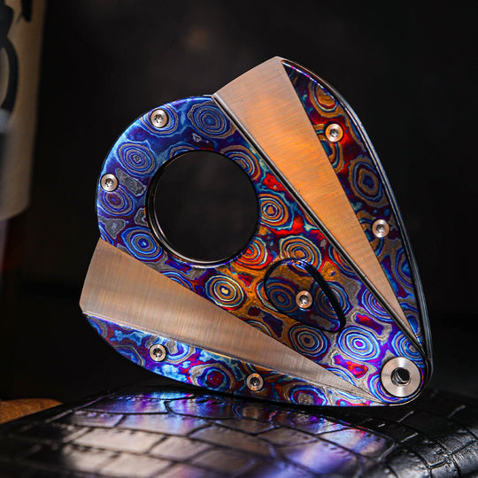 Hand-Forged:Premium Timascus Guitar Cigar Cutter with M390 Super Steel Dual Shears