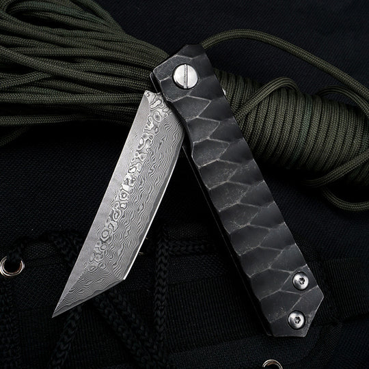 Damascus/D2 Steel Folding Knife – Steel Talon Tanto Blade, Bearings EDC with Clip